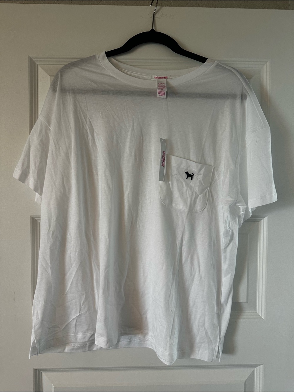 PINK Victoria's Secret White Short-Sleeve Pocket Tee with Dog Logo